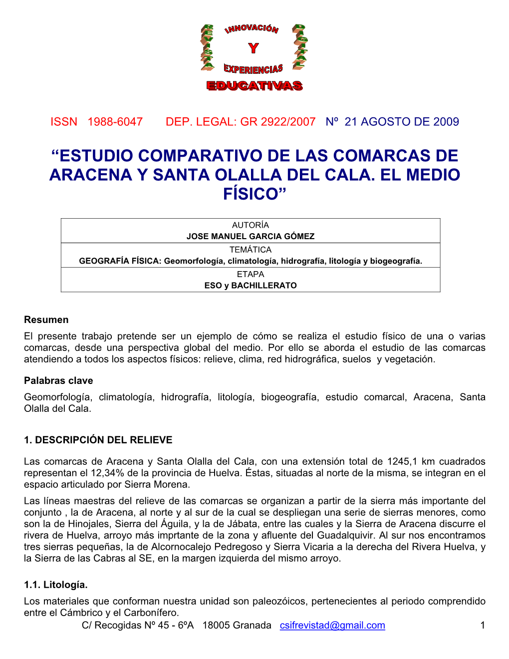 Estudio Comparativo De Las Comarcas De Aracena Y Santa Olalla Del Cala