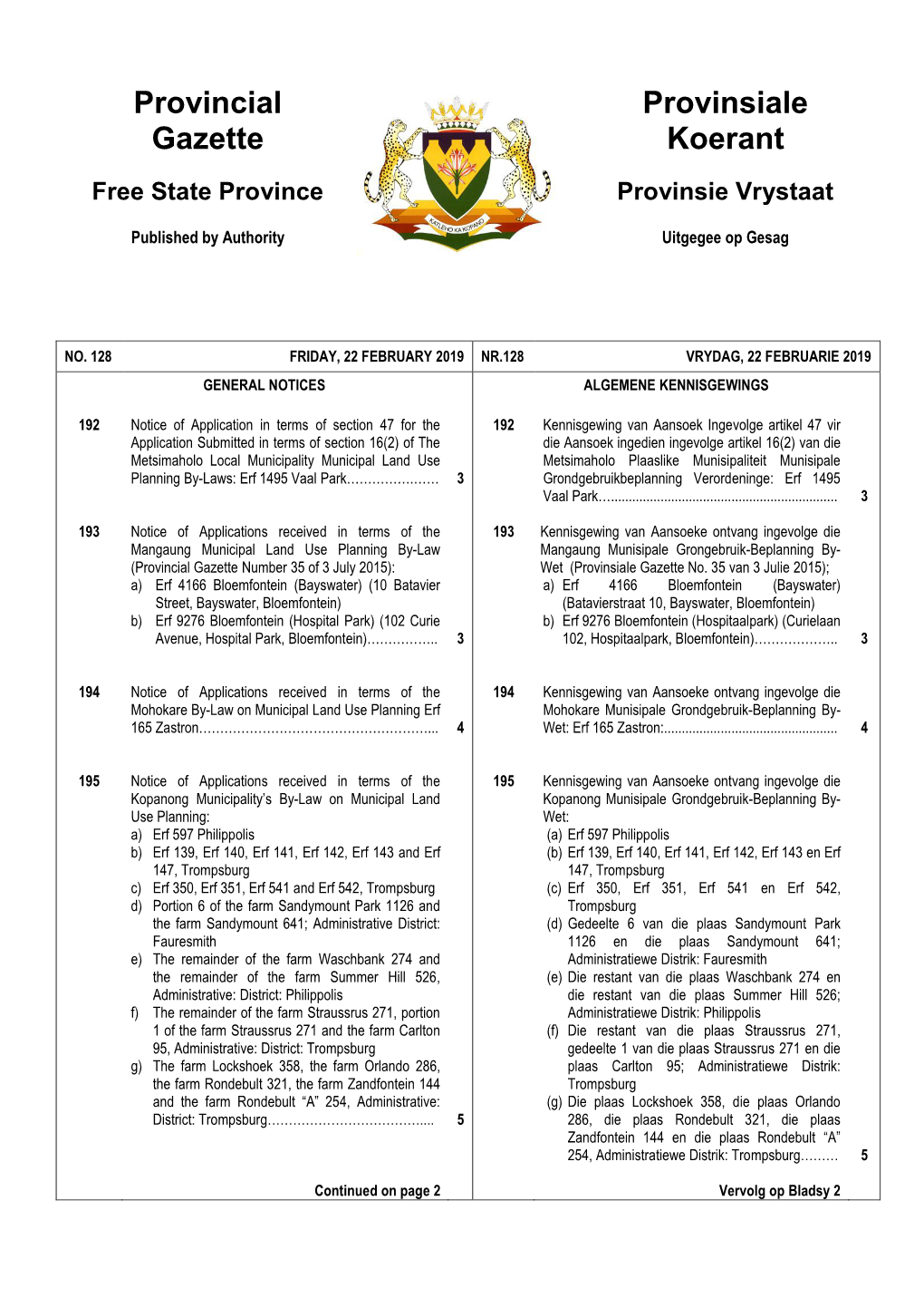 PROVINCIAL GAZETTE PROVINSIALE KOERANT (Published Every Friday) (Verskyn Elke Vrydag)