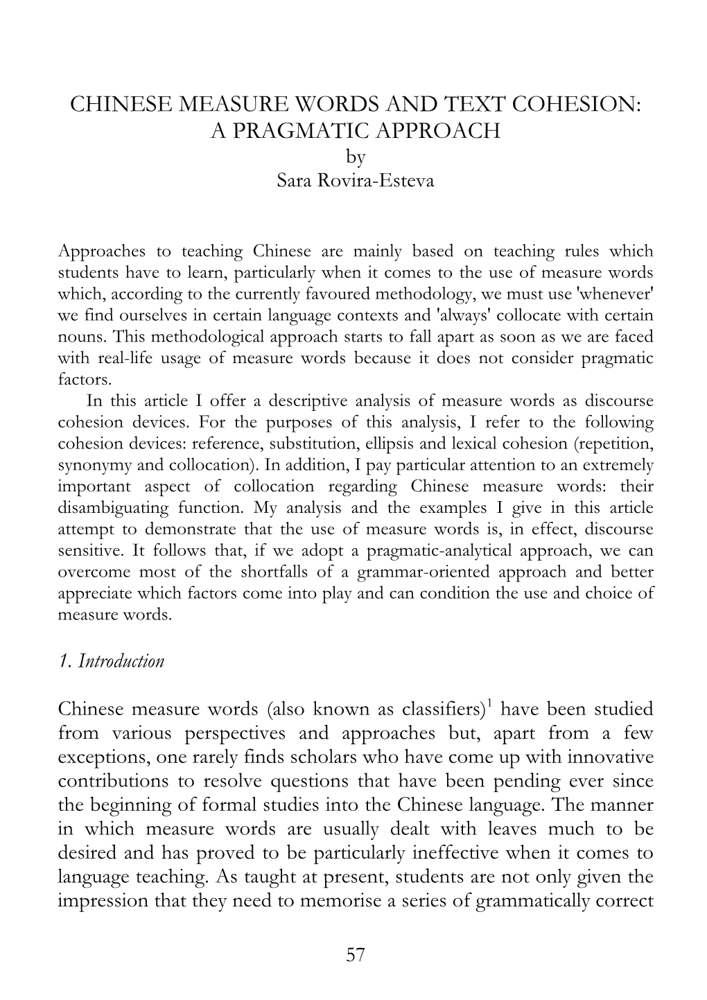 CHINESE MEASURE WORDS and TEXT COHESION: a PRAGMATIC APPROACH by Sara Rovira-Esteva