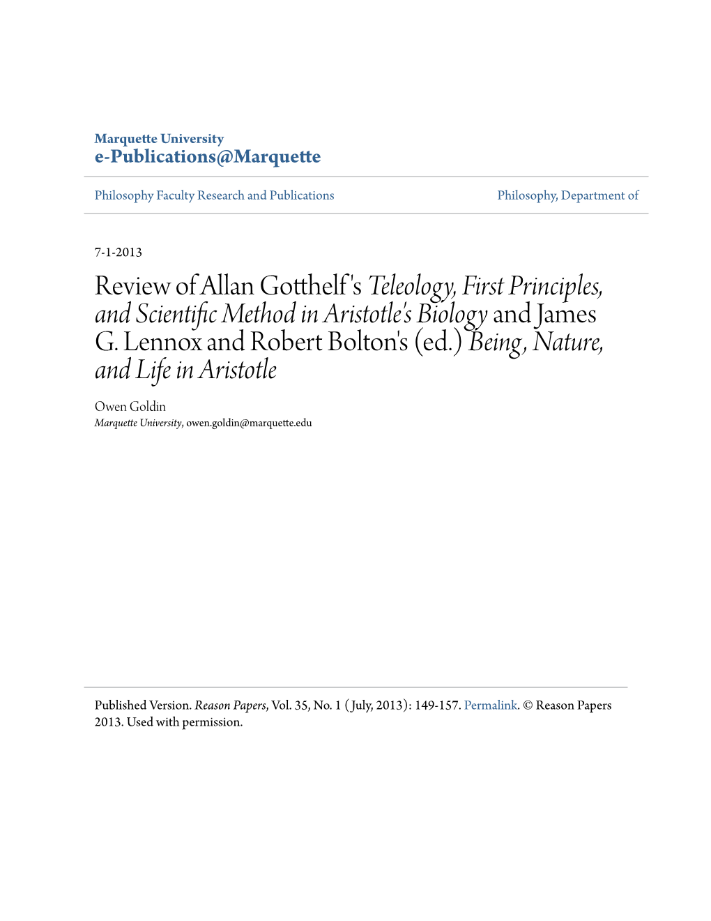 Review of Allan Gotthelf's Teleology, First Principles, and Scientific