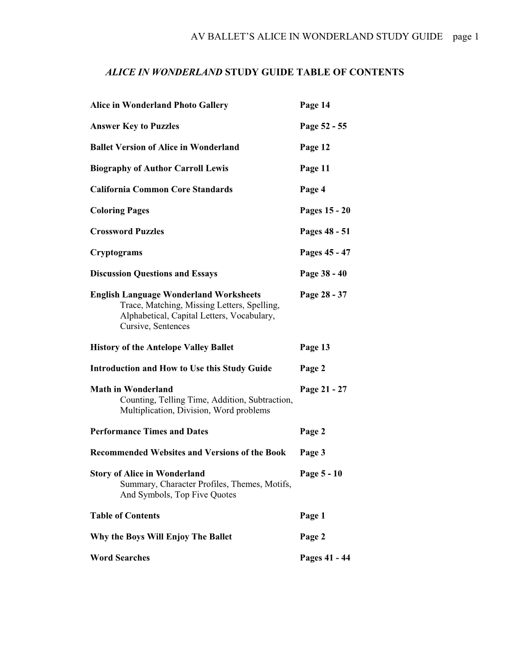 Av Ballet's Alice in Wonderland Study Guide