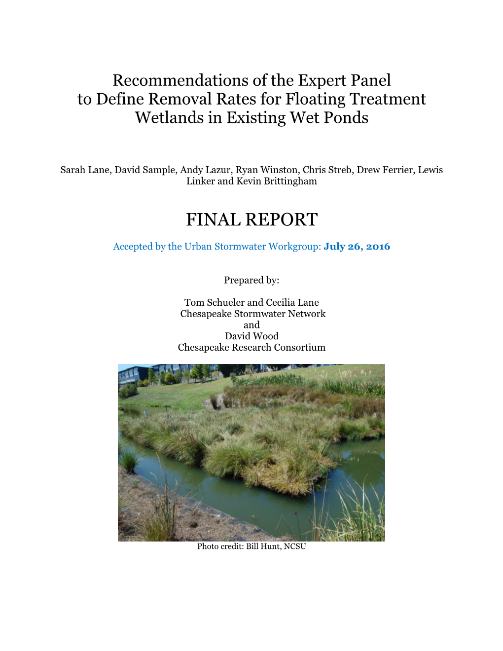 Panel Report on Floating Treatment Wetlands in Existing Wet Ponds