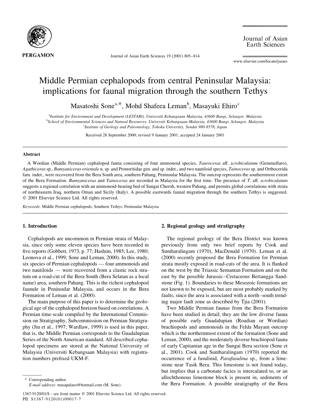 Middle Permian Cephalopods from Central Peninsular Malaysia: Implications for Faunal Migration Through the Southern Tethys