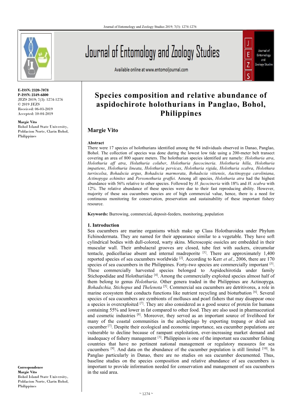 Species Composition and Relative Abundance of Aspidochirote
