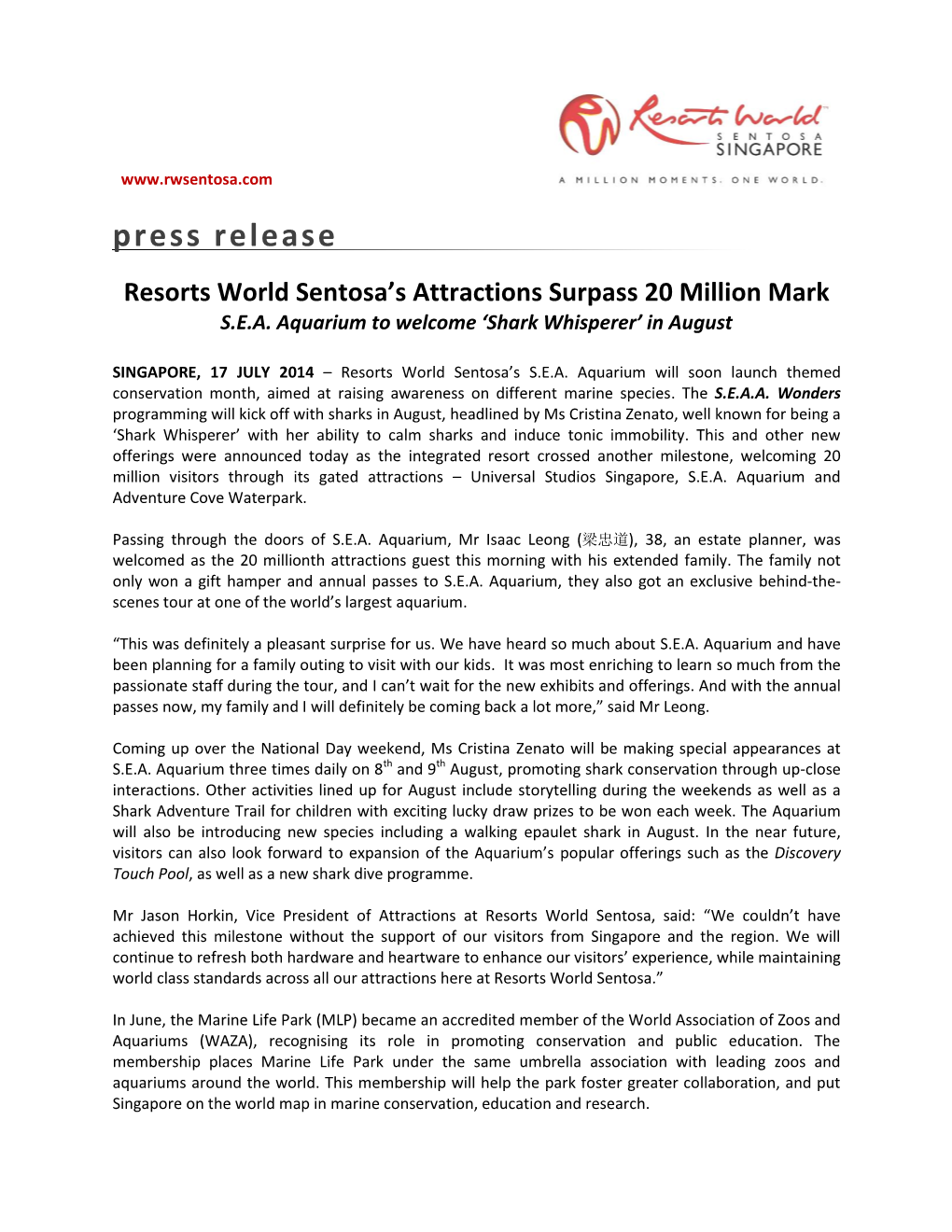Resorts World Sentosa's Attractions Surpass 20 Million Mark