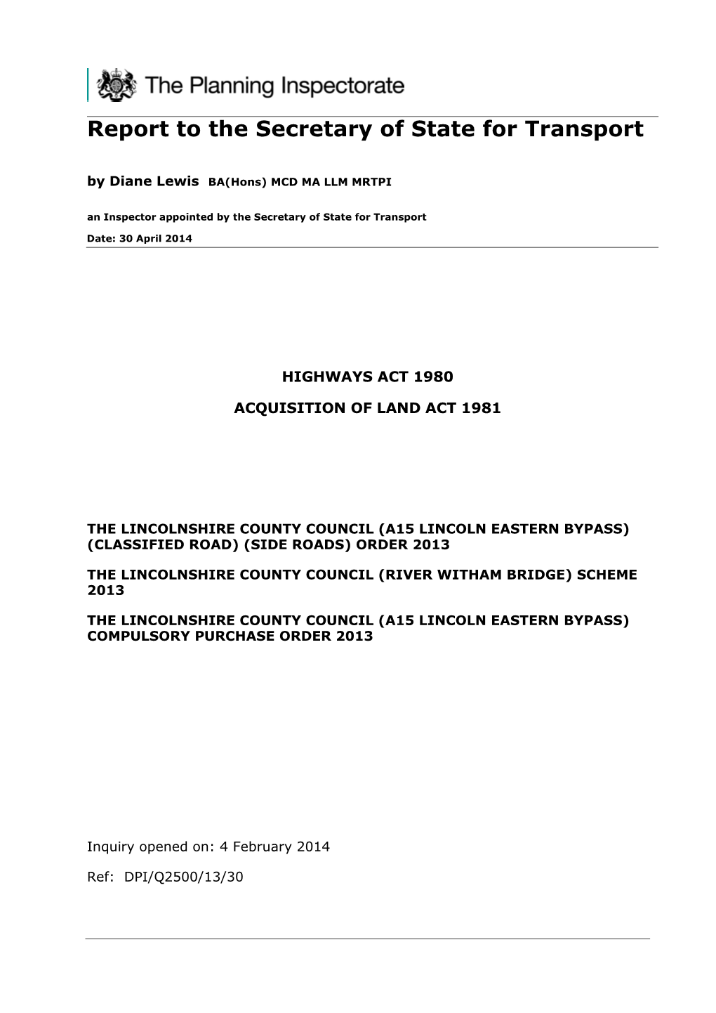 Lincolnshire County Council: Lincoln Eastern Bypass Inspector's Report