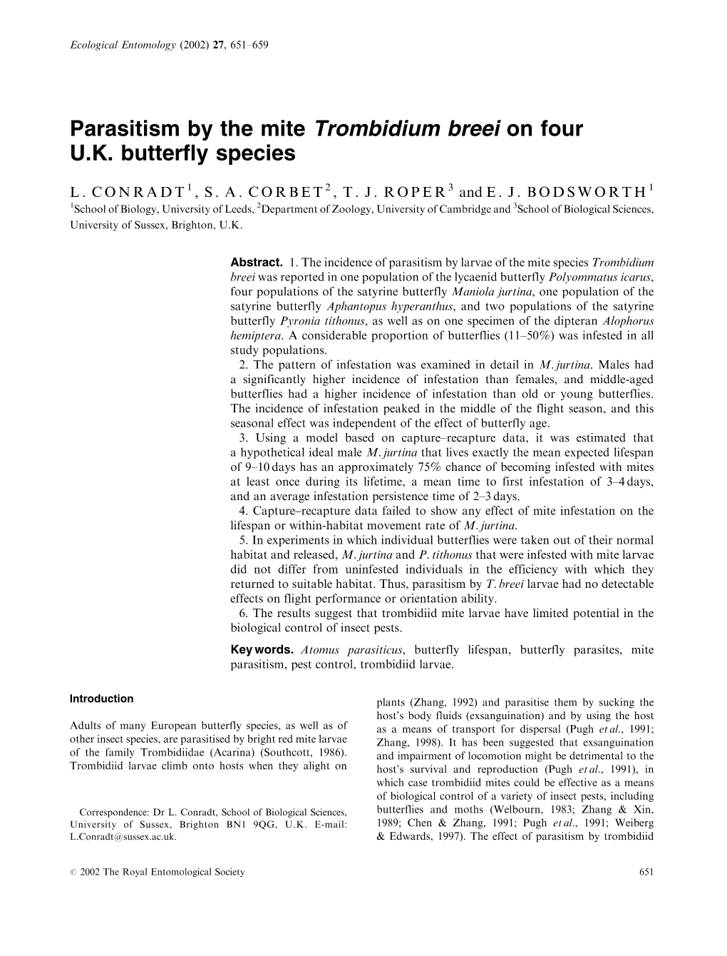 Parasitism by the Mite Trombidium Breei on Four U.K. Butterfly Species