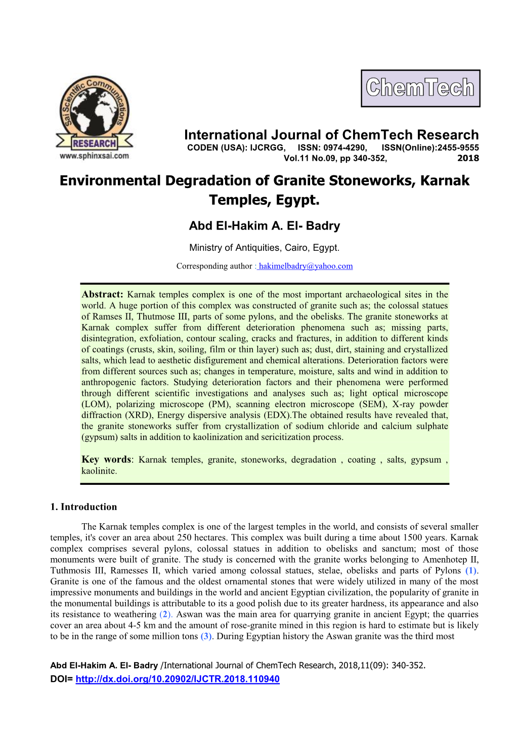 Environmental Degradation of Granite Stoneworks, Karnak Temples, Egypt. International Journal of Chemtech Research