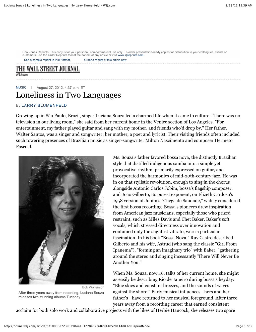 Loneliness in Two Languages | by Larry Blumenfeld - WSJ.Com 8/28/12 11:39 AM