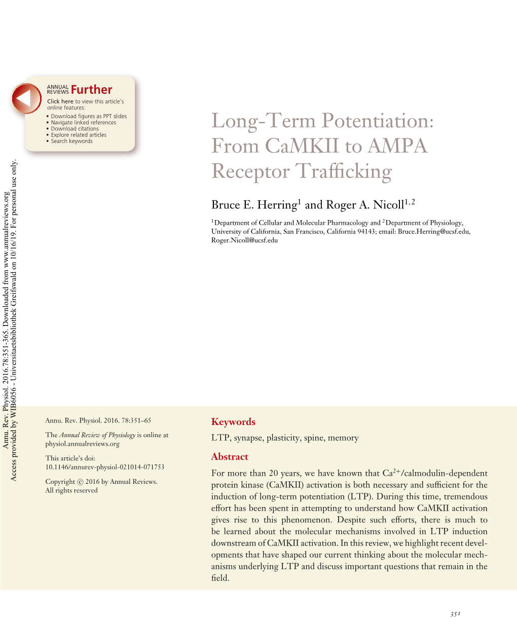 Long-Term Potentiation: from Camkii to AMPA Receptor Trafficking