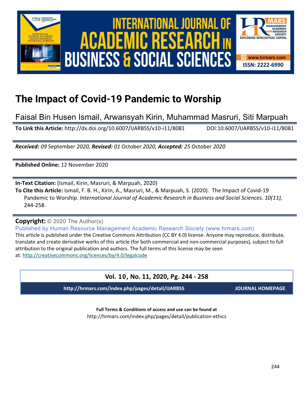 The Impact of Covid-19 Pandemic to Worship