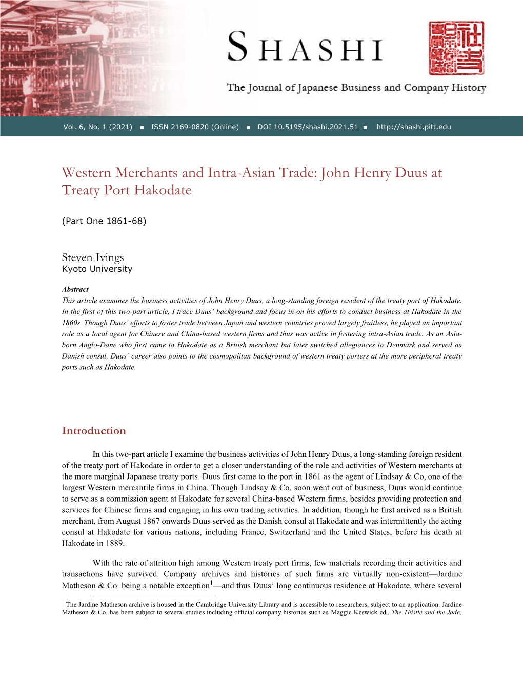 Western Merchants and Intra-Asian Trade: John Henry Duus at Treaty Port Hakodate