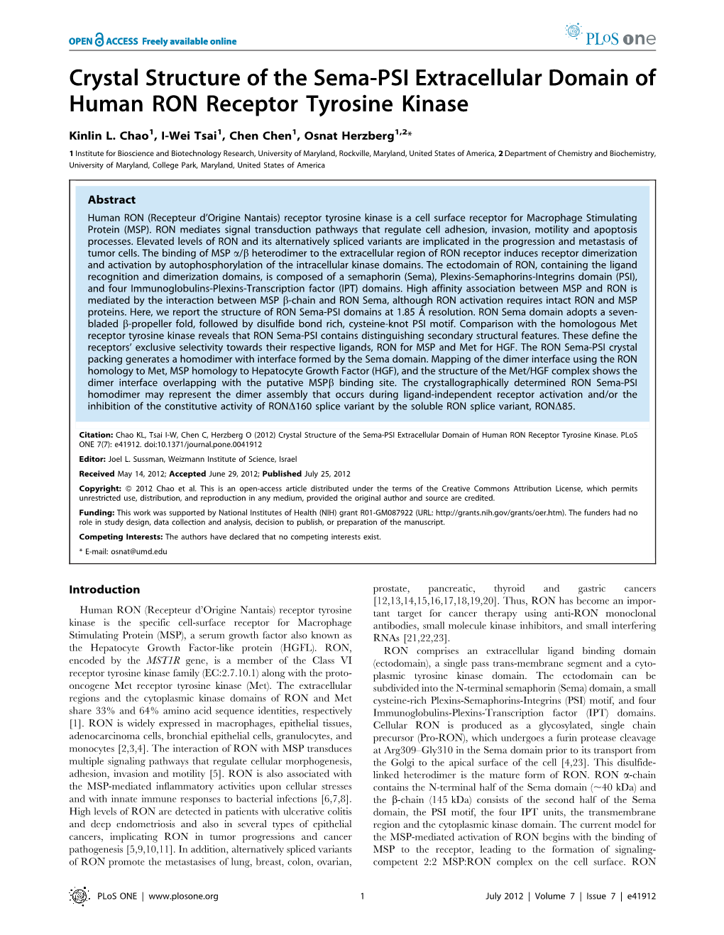 Crystal Structure of the Sema-PSI Extracellular Domain of Human RON Receptor Tyrosine Kinase