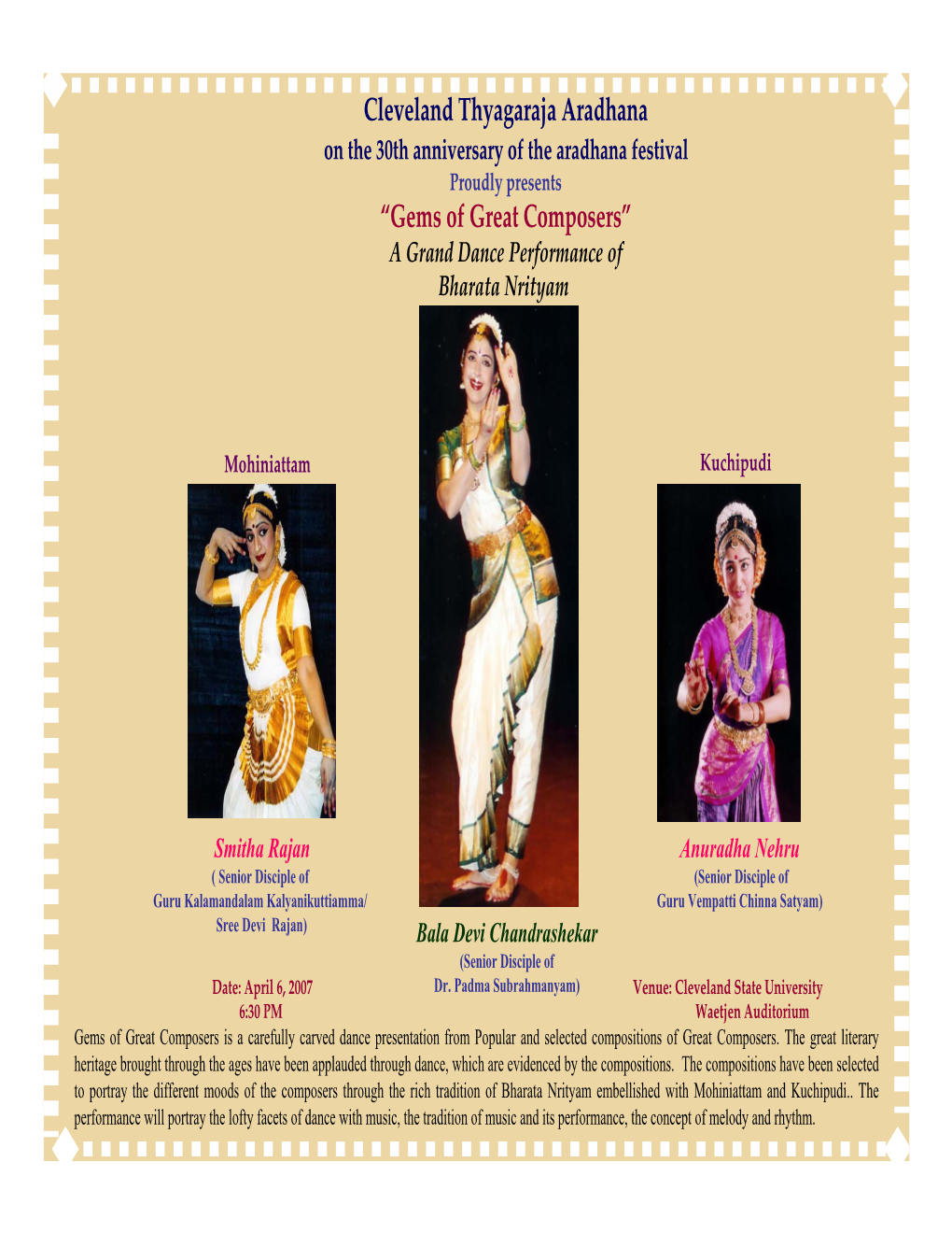 Thyagaraja Aradhana on the 30Th Anniversary of the Aradhana Festival Proudly Presents “Gems of Great Composers” a Grand Dance Performance of Bharata Nrityam