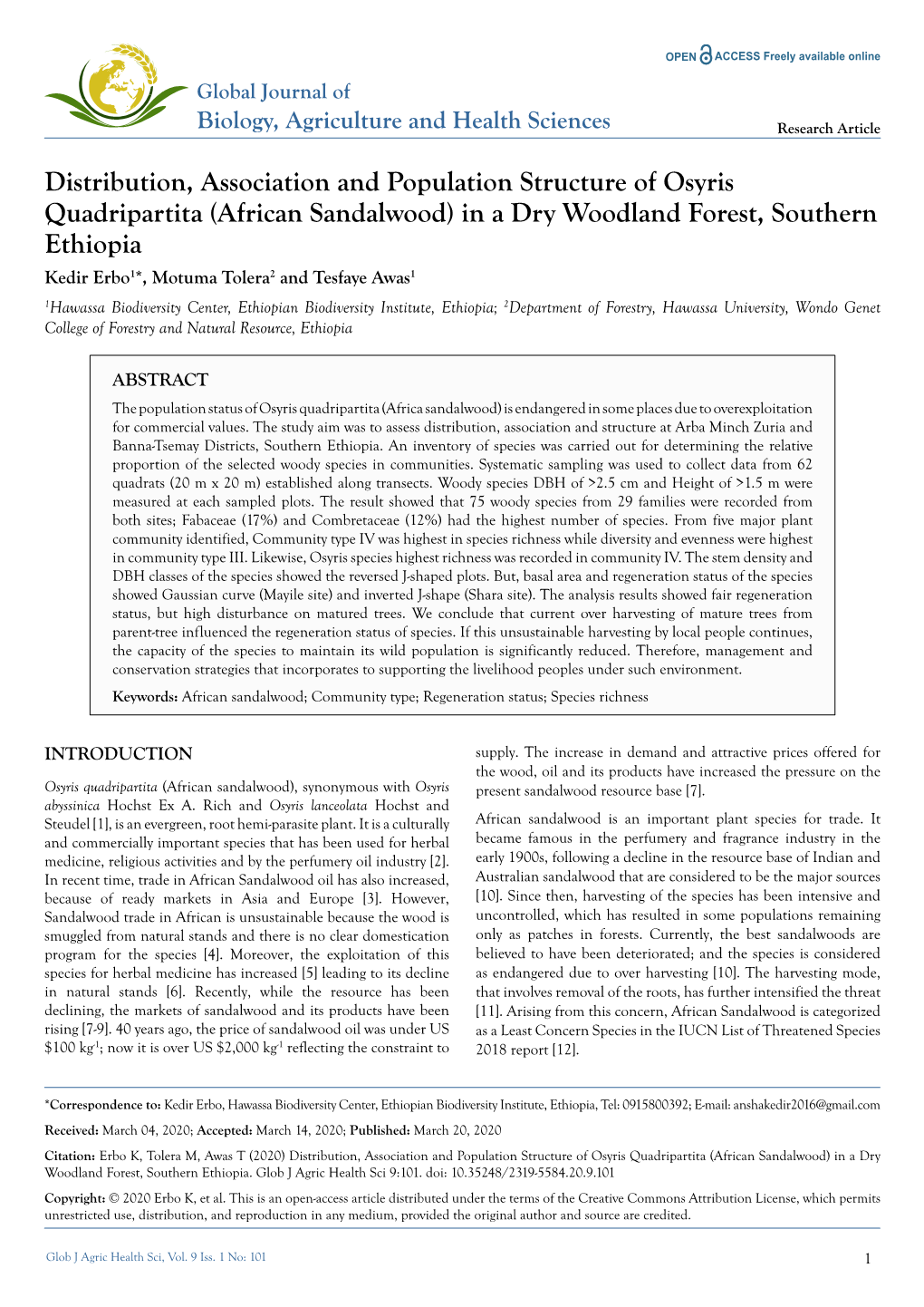 Distribution, Association and Population Structure of Osyris Quadripartita (African Sandalwood) in a Dry Woodland Forest, Southe