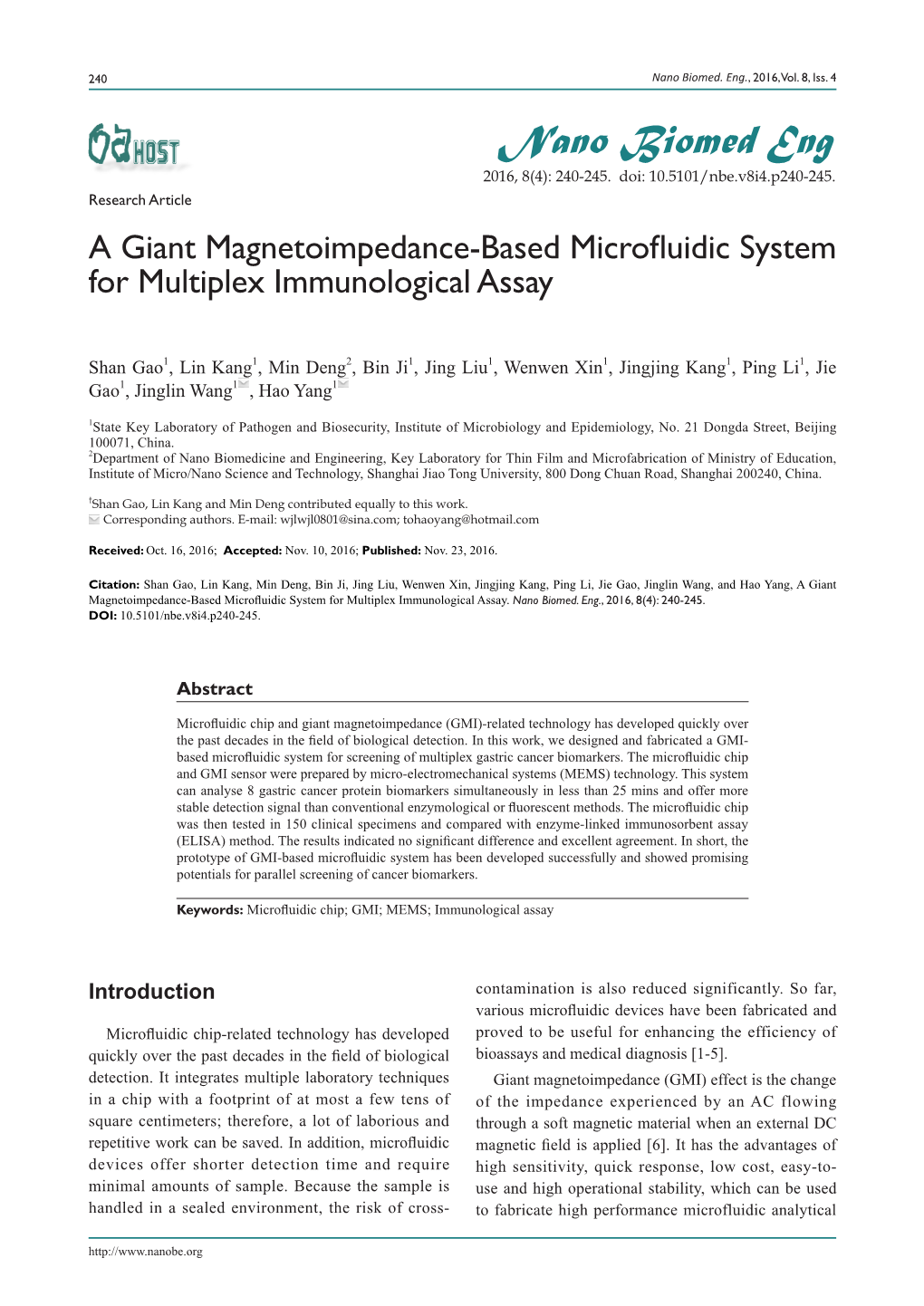 A Giant Magnetoimpedance-Based Microfluidic System for Multiplex Immunological Assay