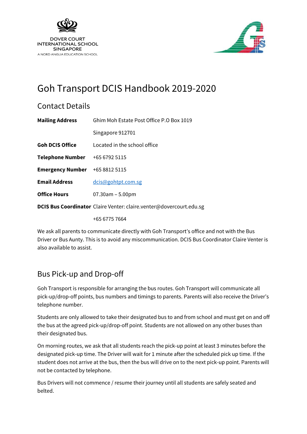 Goh Transport DCIS Handbook 2019-2020 Contact Details