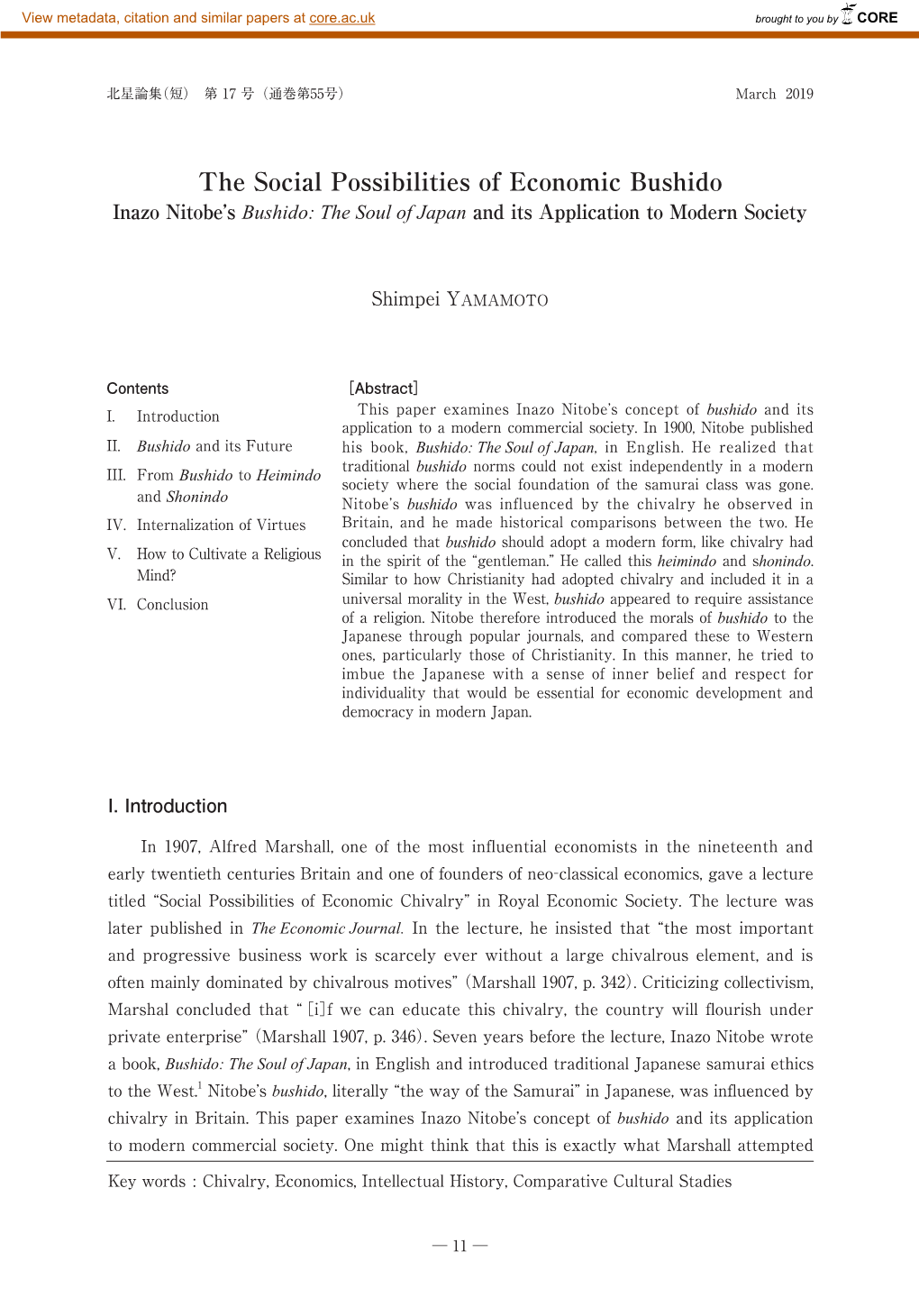 The Social Possibilities of Economic Bushido Inazo Nitobe’S Bushido: the Soul of Japan and Its Application to Modern Society