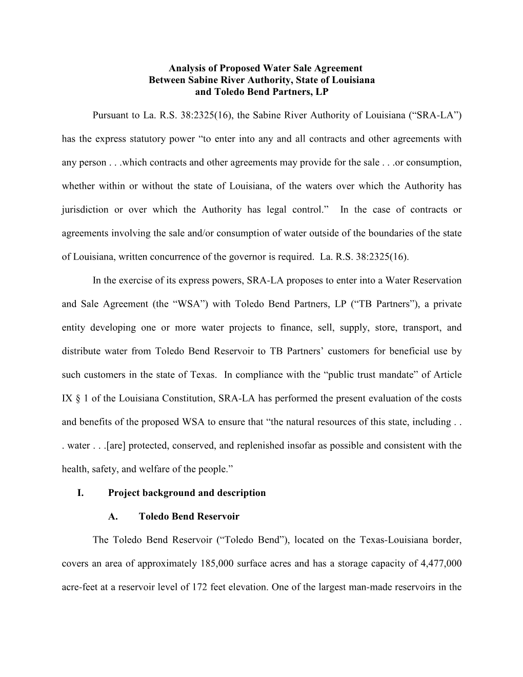 “IT Analysis” of Proposed Water Sale Agreement