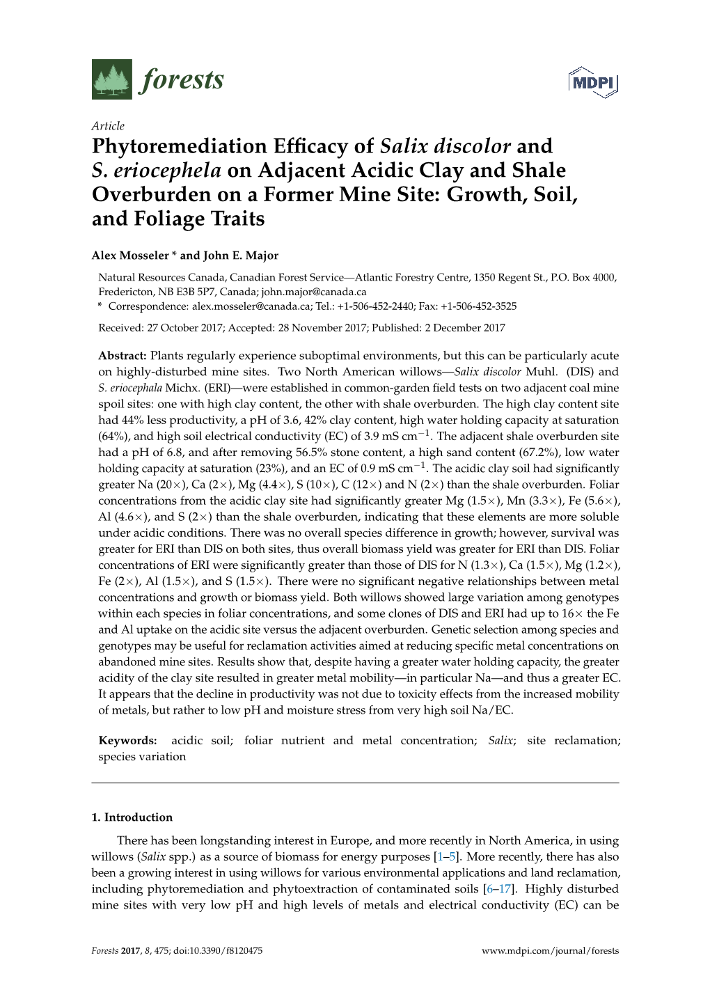 Phytoremediation Efficacy of Salix Discolor and S. Eriocephela On