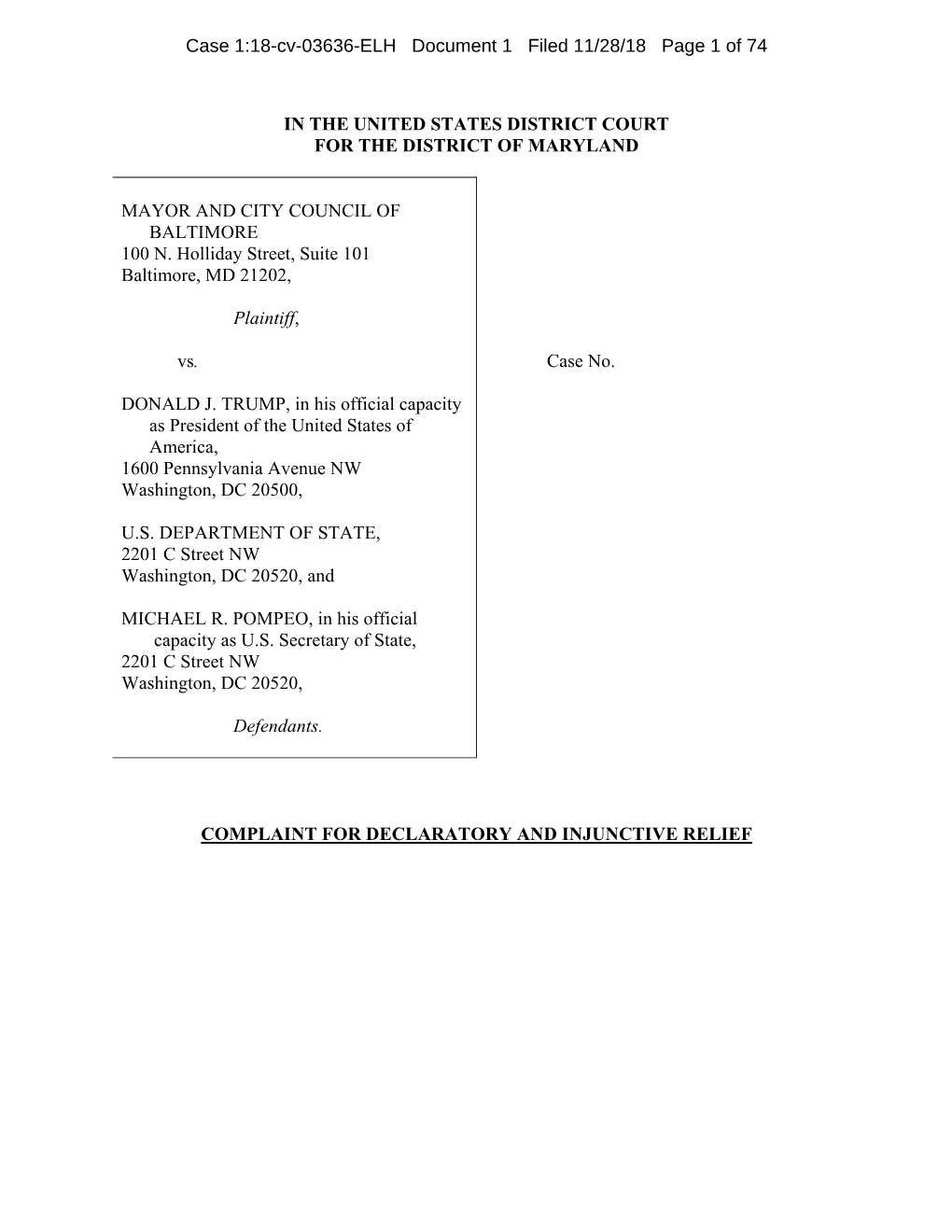 Case 1:18-Cv-03636-ELH Document 1 Filed 11/28/18 Page 1 of 74