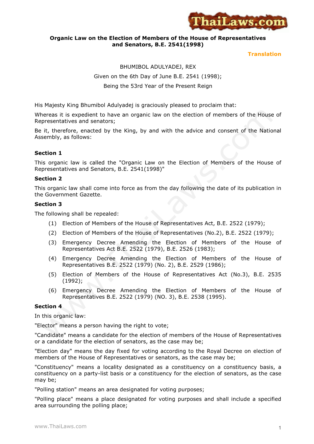 Organic Law on the Election of Members of the House of Representatives and Senators, B.E. 2541(1998) Translatio