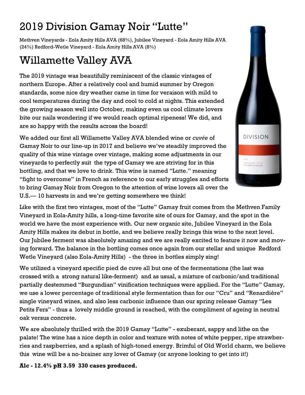 2019 Division Gamay Noir “Lutte” Willamette Valley