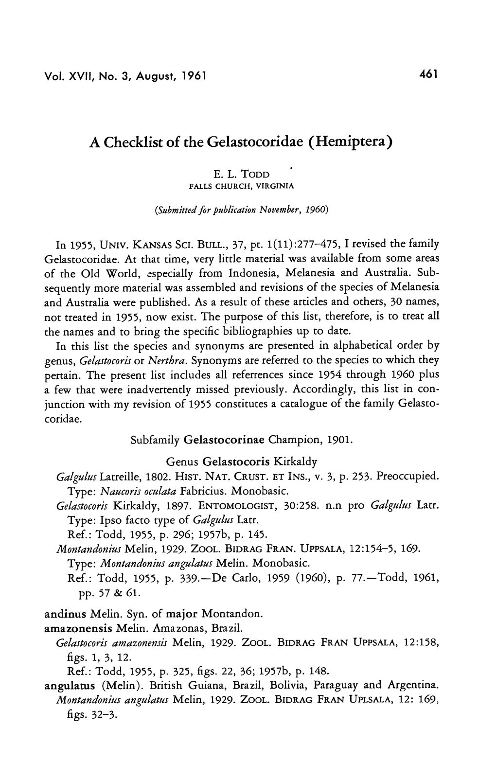 A Checklist of the Gelastocoridae (Hemiptera)