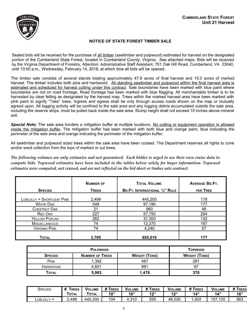 Notice of State Forest Timber Sale