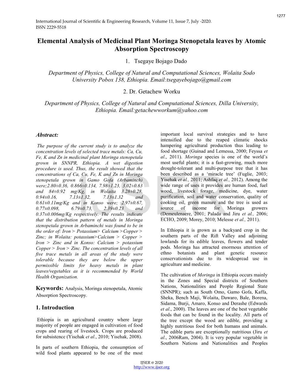 Elemental Analysis of Medicinal Plant Moringa Stenopetala Leaves by Atomic Absorption Spectroscopy 1