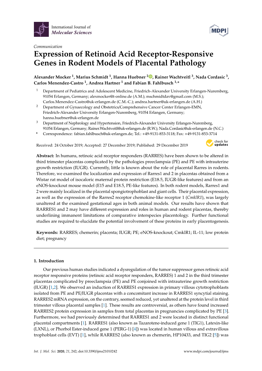 Expression of Retinoid Acid Receptor-Responsive Genes in Rodent Models of Placental Pathology