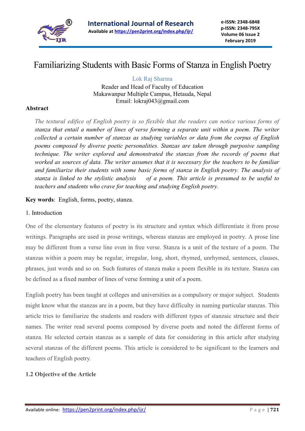 Familiarizing Students with Basic Forms of Stanza in English Poetry