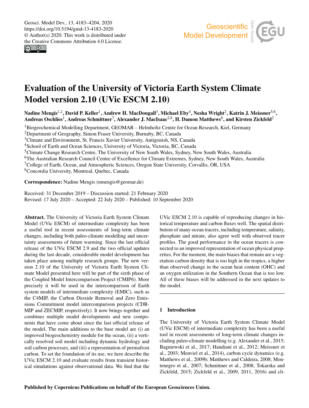 Evaluation of the University of Victoria Earth System Climate Model Version 2.10 (Uvic ESCM 2.10)