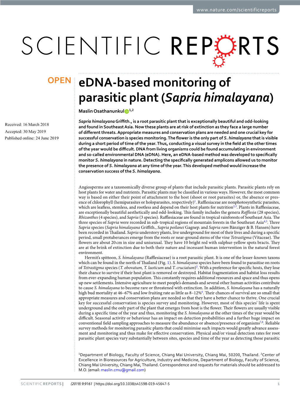 Edna-Based Monitoring of Parasitic Plant (Sapria Himalayana) Maslin Osathanunkul 1,2