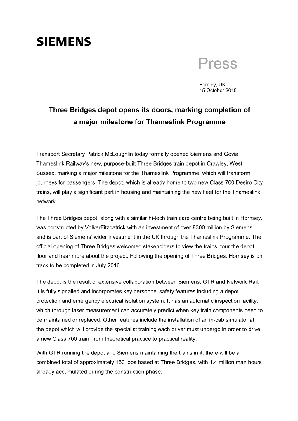 Three Bridges Depot Opens Its Doors, Marking Completion of a Major Milestone for Thameslink Programme