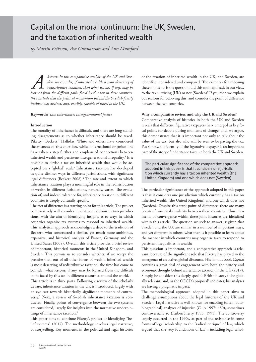 The UK, Sweden, and the Taxation of Inherited Wealth by Martin Eriksson, Asa Gunnarsson and Ann Mumford