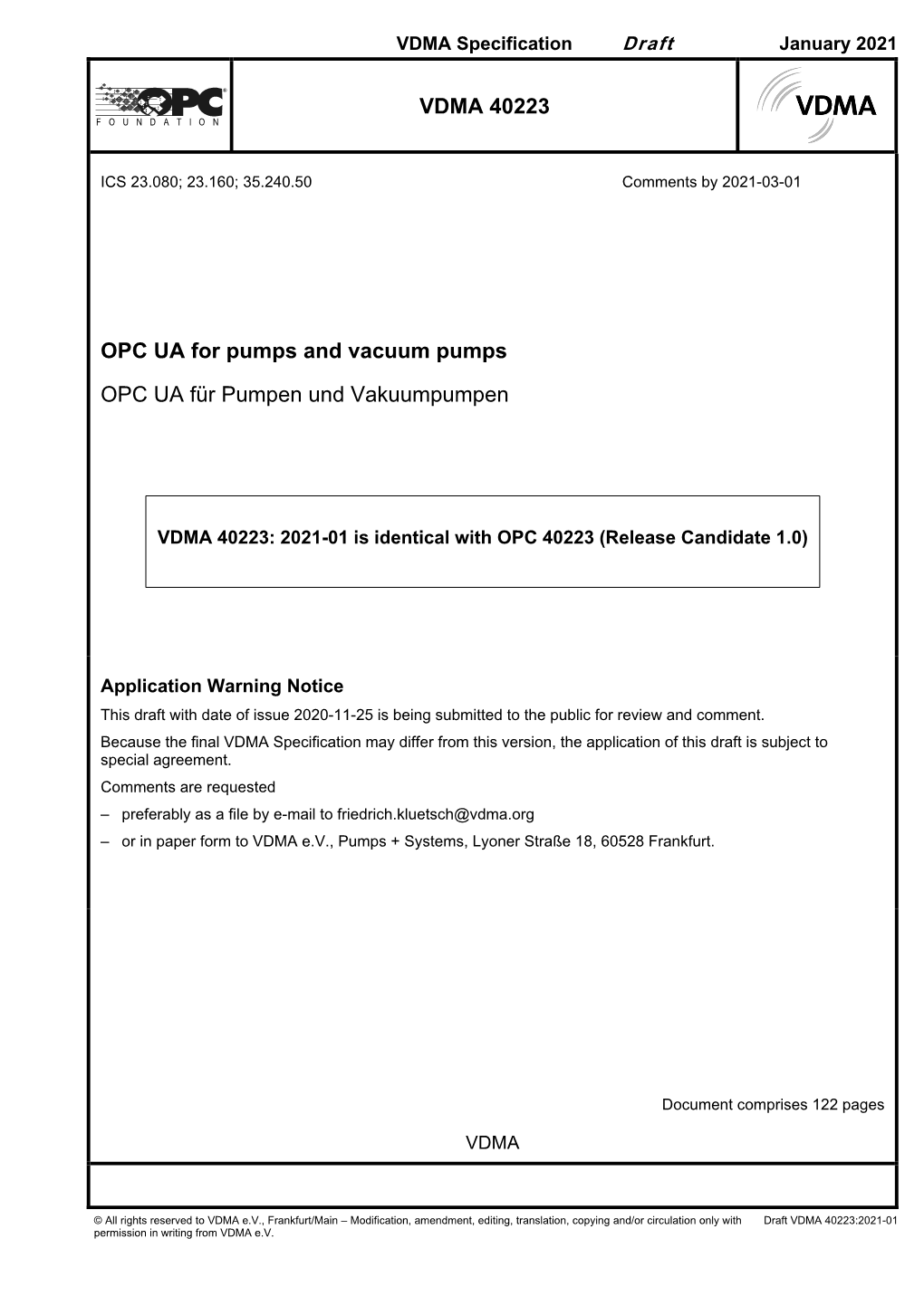 VDMA 40223 OPC UA for Pumps and Vacuum Pumps OPC UA Für