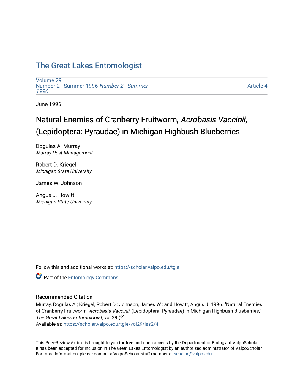 Natural Enemies of Cranberry Fruitworm, Acrobasis Vaccinii, (Lepidoptera: Pyraudae) in Michigan Highbush Blueberries