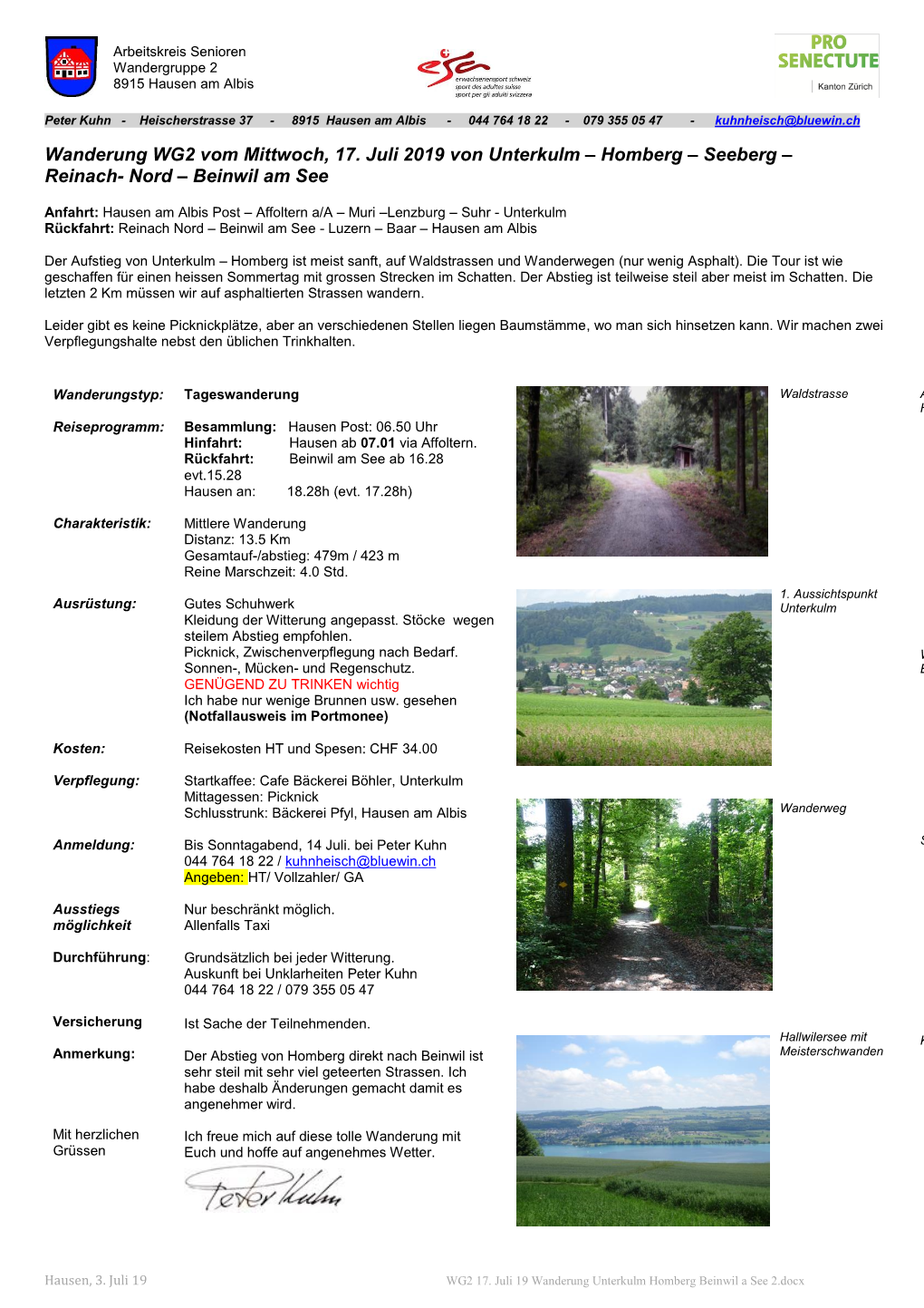 Wanderung WG2 Vom Mittwoch, 17. Juli 2019 Von Unterkulm – Homberg – Seeberg – Reinach- Nord – Beinwil Am See