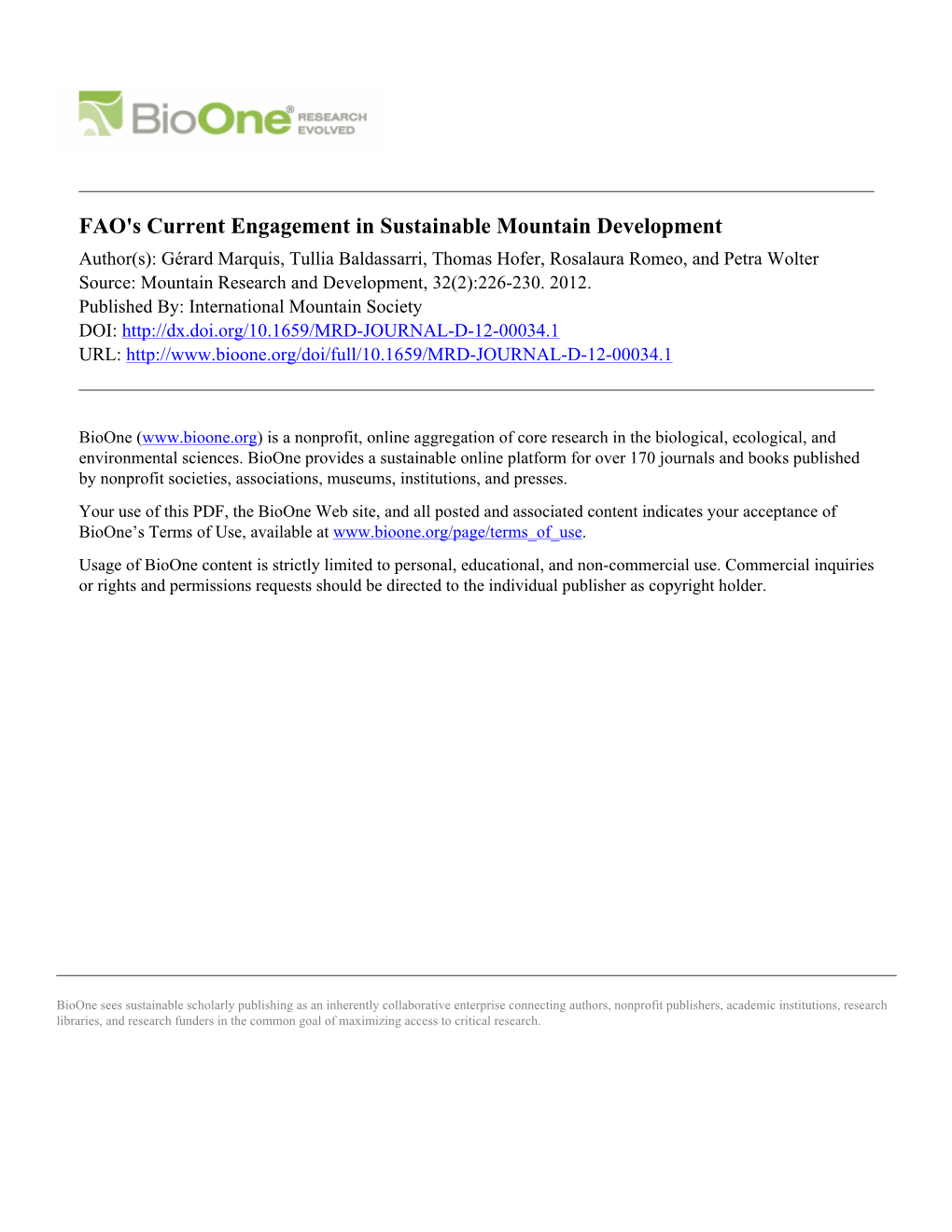 FAO's Current Engagement in Sustainable Mountain Development