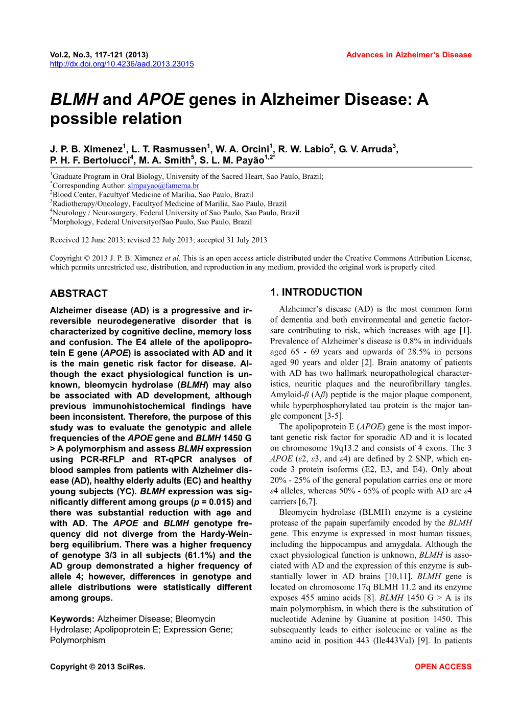 BLMH and APOE Genes in Alzheimer Disease: a Possible Relation