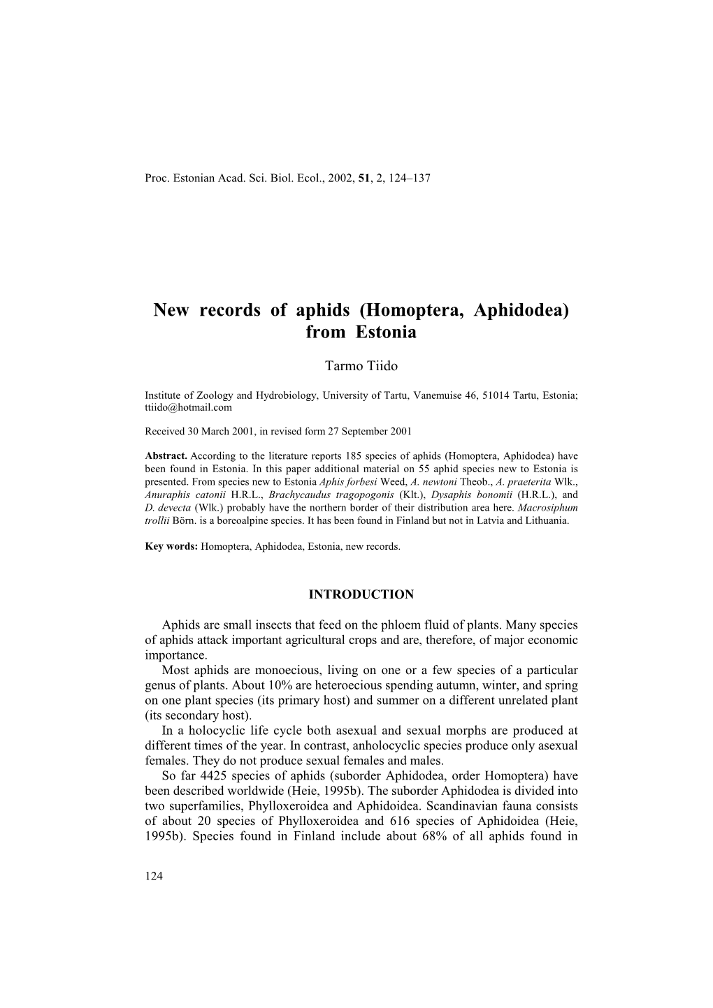 New Records of Aphids (Homoptera, Aphidodea) from Estonia