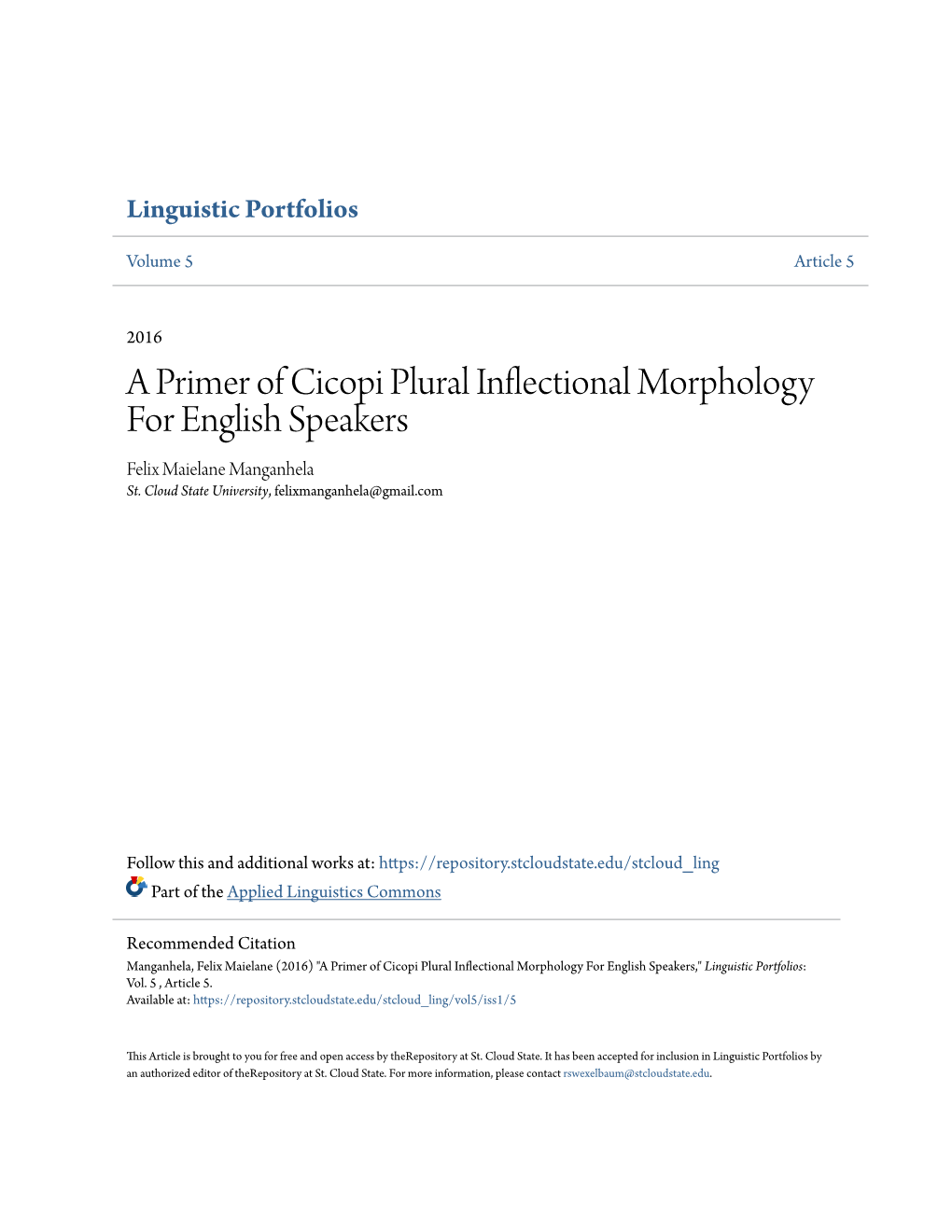 A Primer of Cicopi Plural Inflectional Morphology for English Speakers Felix Maielane Manganhela St