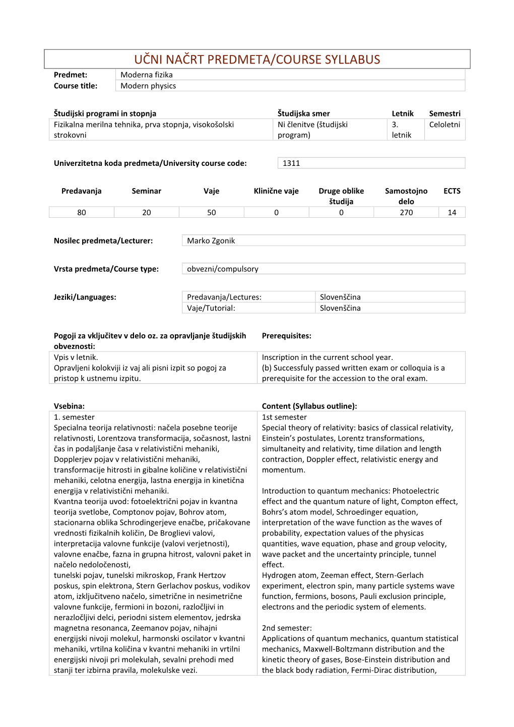 Moderna Fizika Course Title: Modern Physics