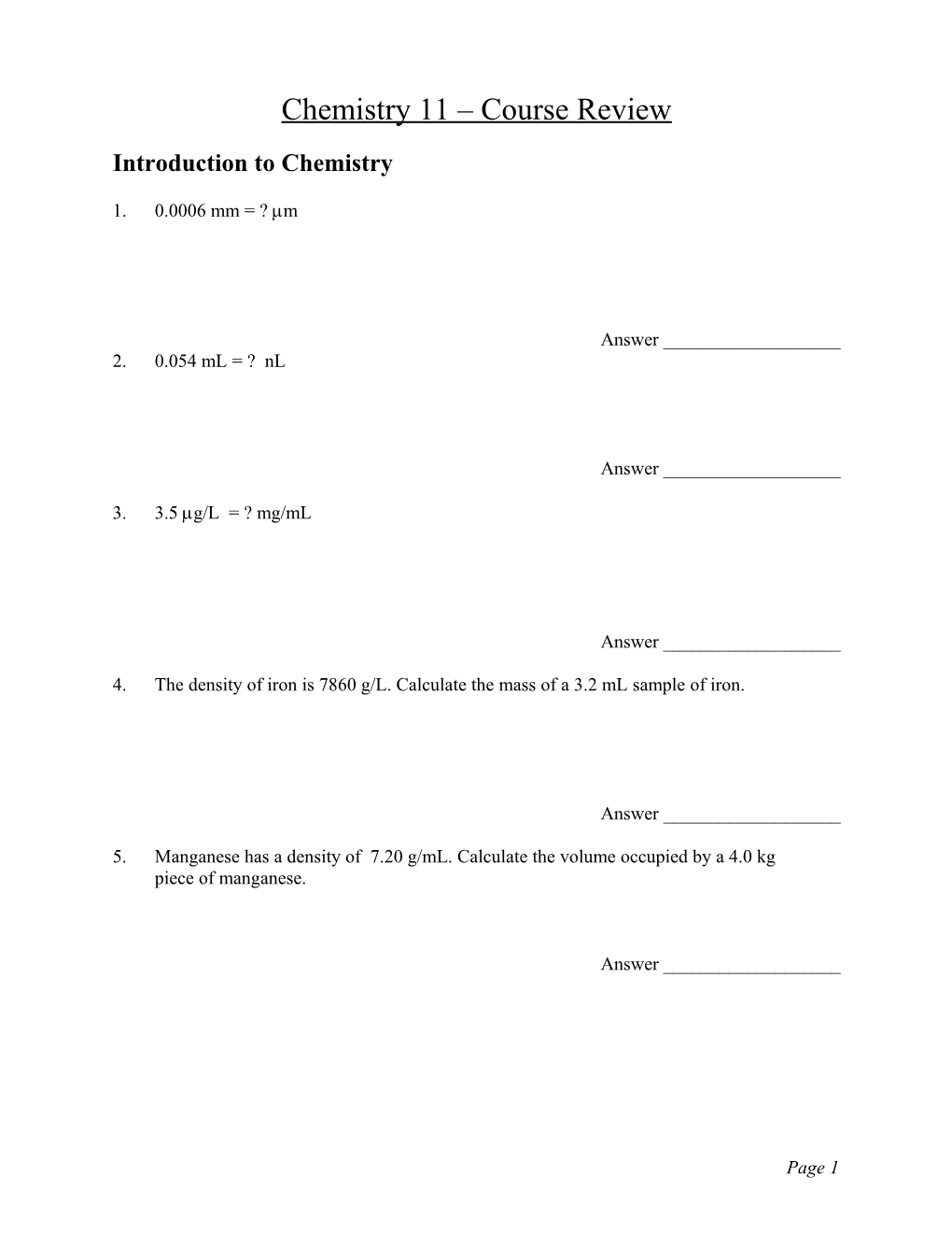 Chemistry 11 Course Review