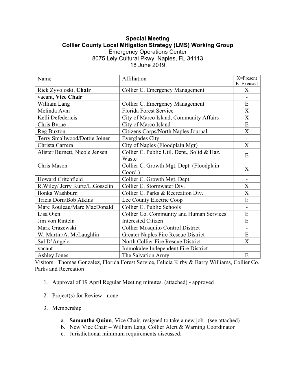 Special Meeting Collier County Local Mitigation Strategy (LMS) Working Group Emergency Operations Center 8075 Lely Cultural Pkwy, Naples, FL 34113 18 June 2019