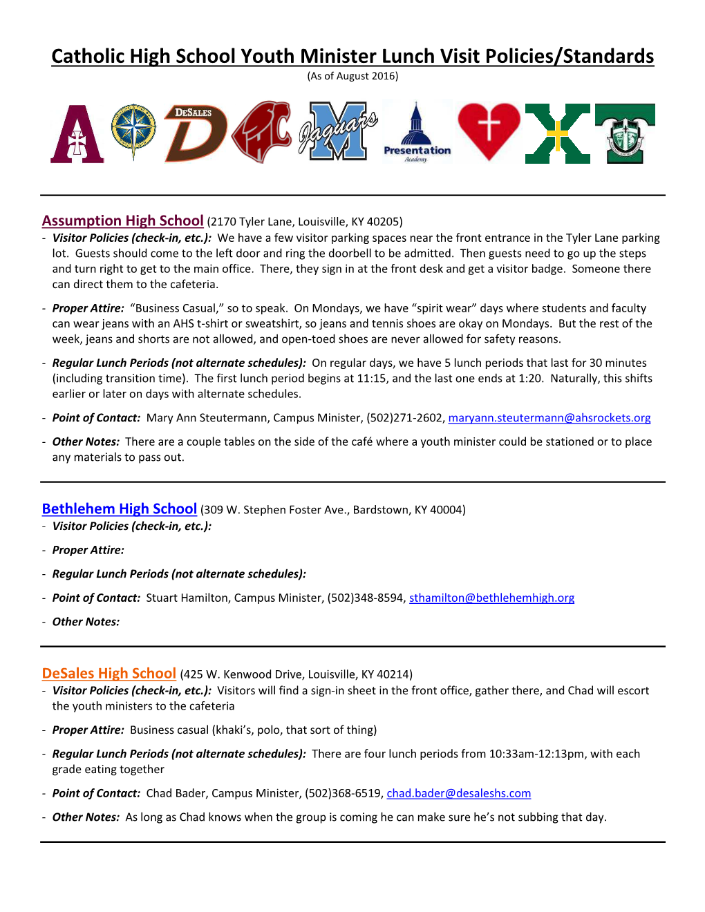 Catholic High School Youth Minister Lunch Visit Policies/Standards (As of August 2016)