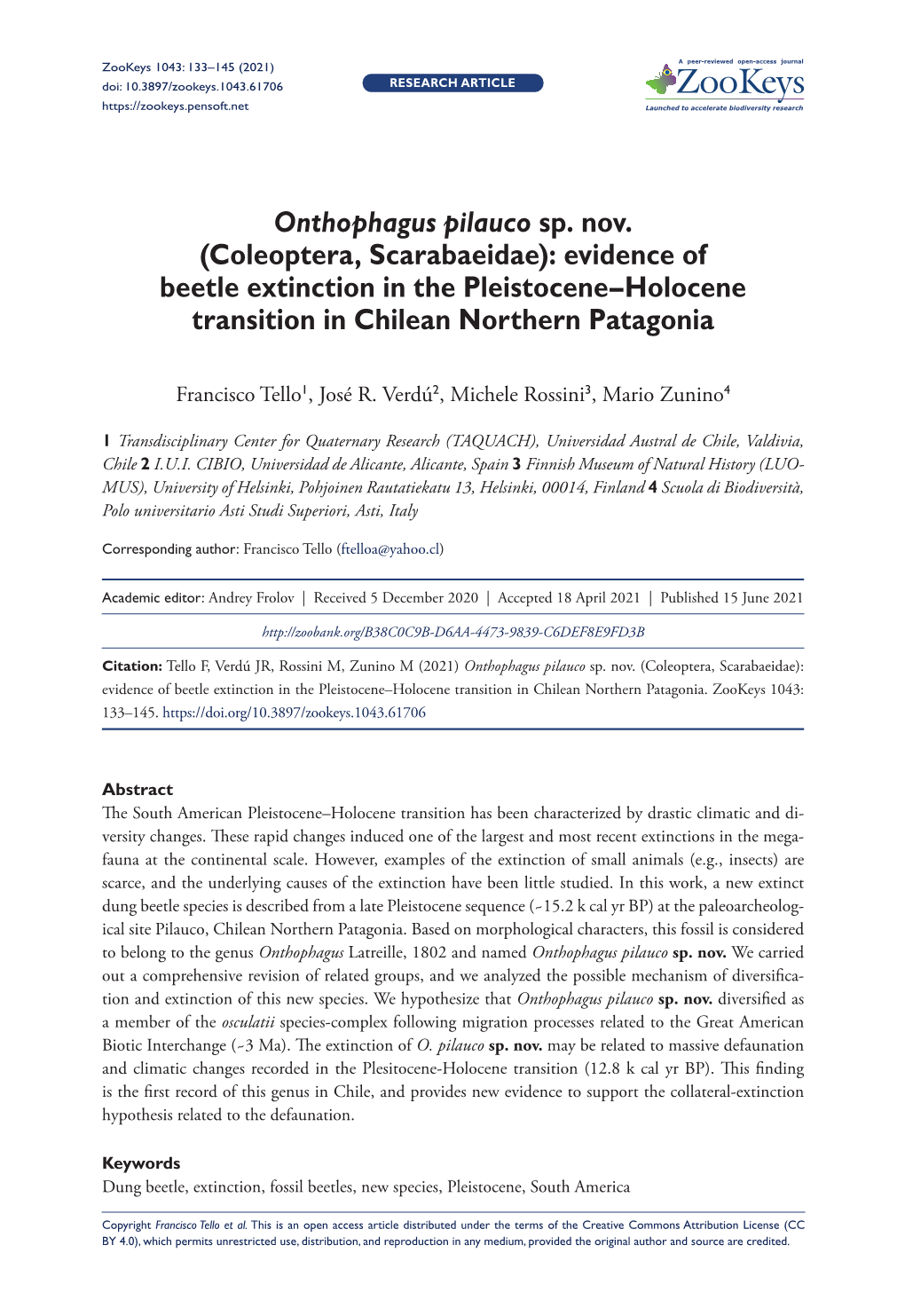 Onthophagus Pilauco Sp. Nov. (Coleoptera, Scarabaeidae): Evidence of Beetle Extinction in the Pleistocene–Holocene Transition in Chilean Northern Patagonia