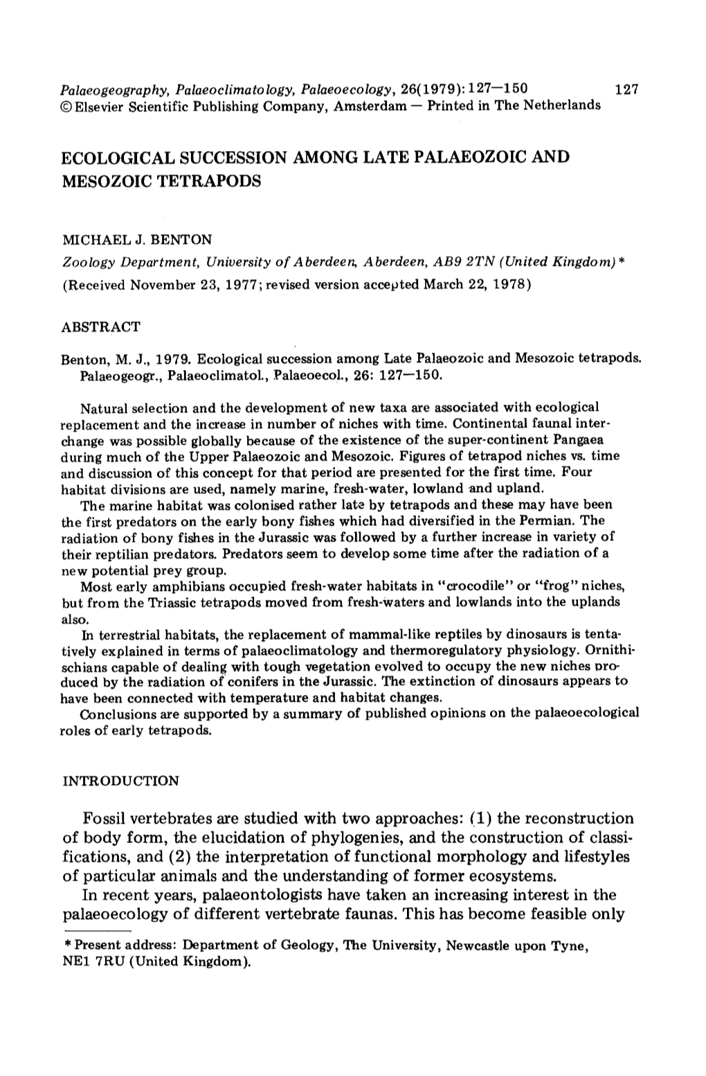 Ecological Succession Among Late Palaeozoic and Mesozoic Tetrapods