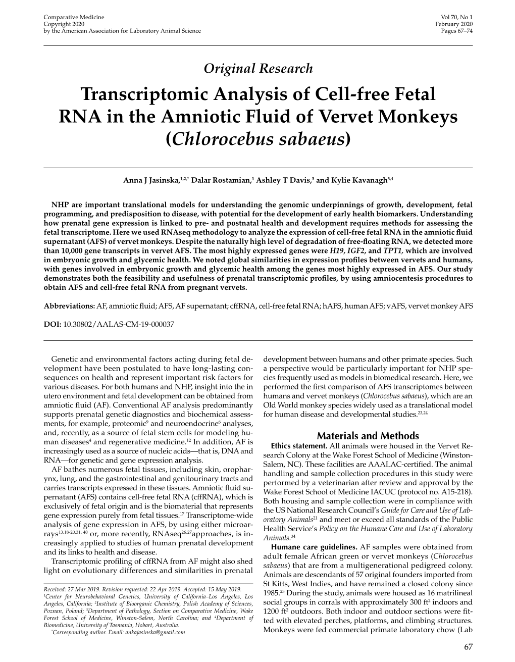 Transcriptomic Analysis of Cell-Free Fetal RNA in the Amniotic Fluid of Vervet Monkeys (Chlorocebus Sabaeus)